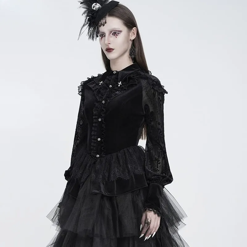 Gothic-Bluse für Damen mit Schnürung, Rüschenkragen und langen Ärmeln