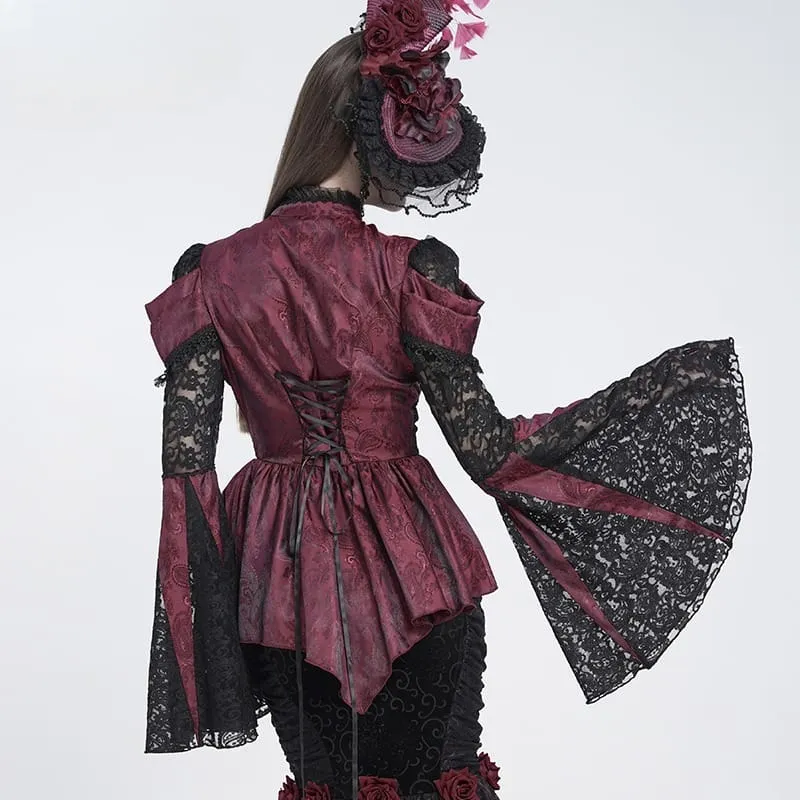 Gothic-Bluse für Damen mit floralem Spitzen-Patchwork und Jacquard-Muster sowie ausgestellten Ärmeln