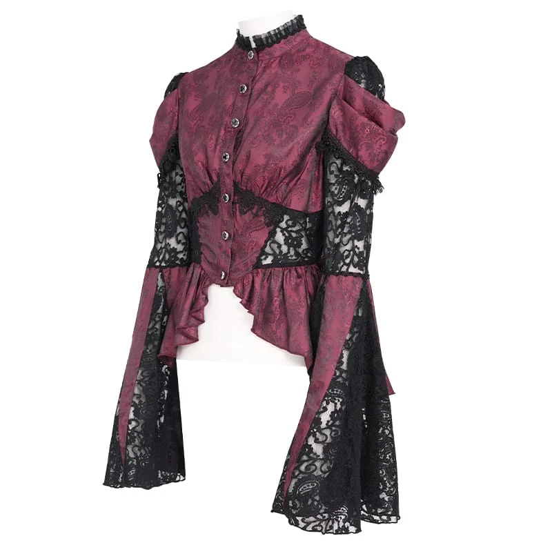 Gothic-Bluse für Damen mit floralem Spitzen-Patchwork und Jacquard-Muster sowie ausgestellten Ärmeln