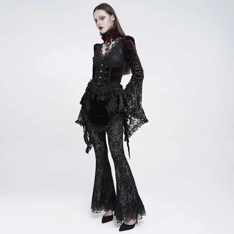 Gothic-Mesh-Hose für Damen mit floralem Pentagramm-Flockmuster und Rüschen.