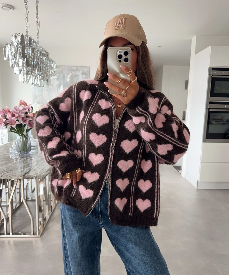 Zip Strickjacke Liviana Herz Braun Rosa