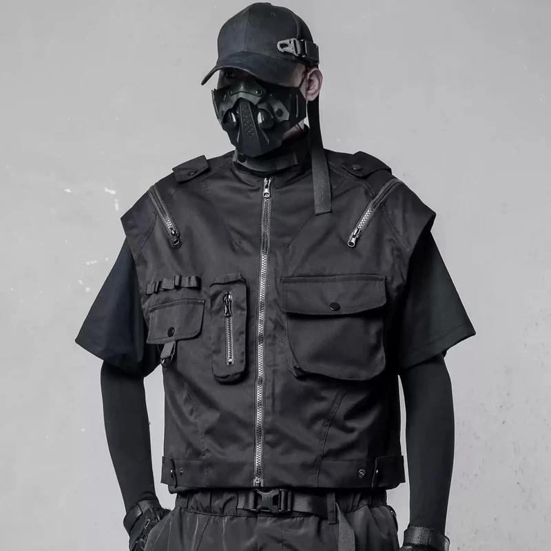 Herren-Techwear-Weste mit mehreren Reißverschlüssen, großer Tasche und Stehkragen