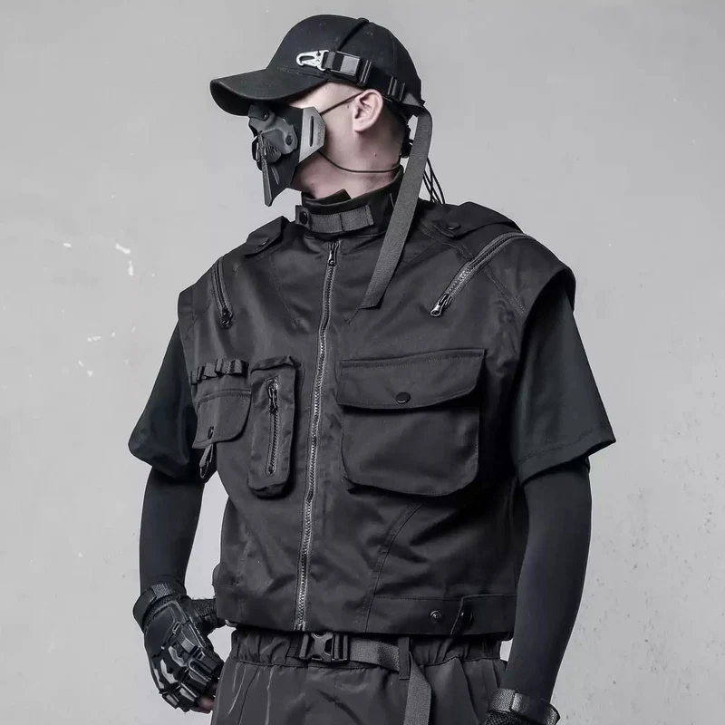 Herren-Techwear-Weste mit mehreren Reißverschlüssen, großer Tasche und Stehkragen