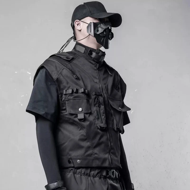 Herren-Techwear-Weste mit mehreren Reißverschlüssen, großer Tasche und Stehkragen