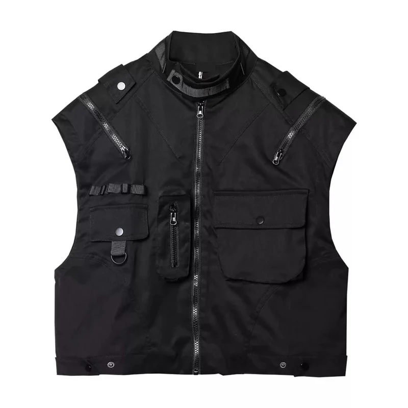 Herren-Techwear-Weste mit mehreren Reißverschlüssen, großer Tasche und Stehkragen