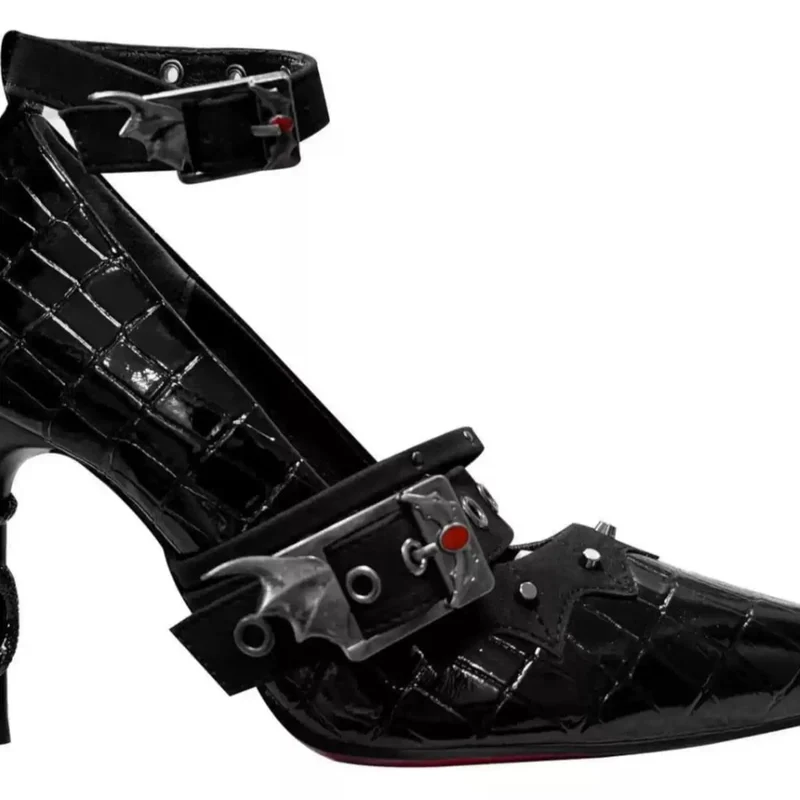 Gothic-Stilettos für Damen mit Schlangenleder-Fledermausflügel-Verschluss und Schnalle