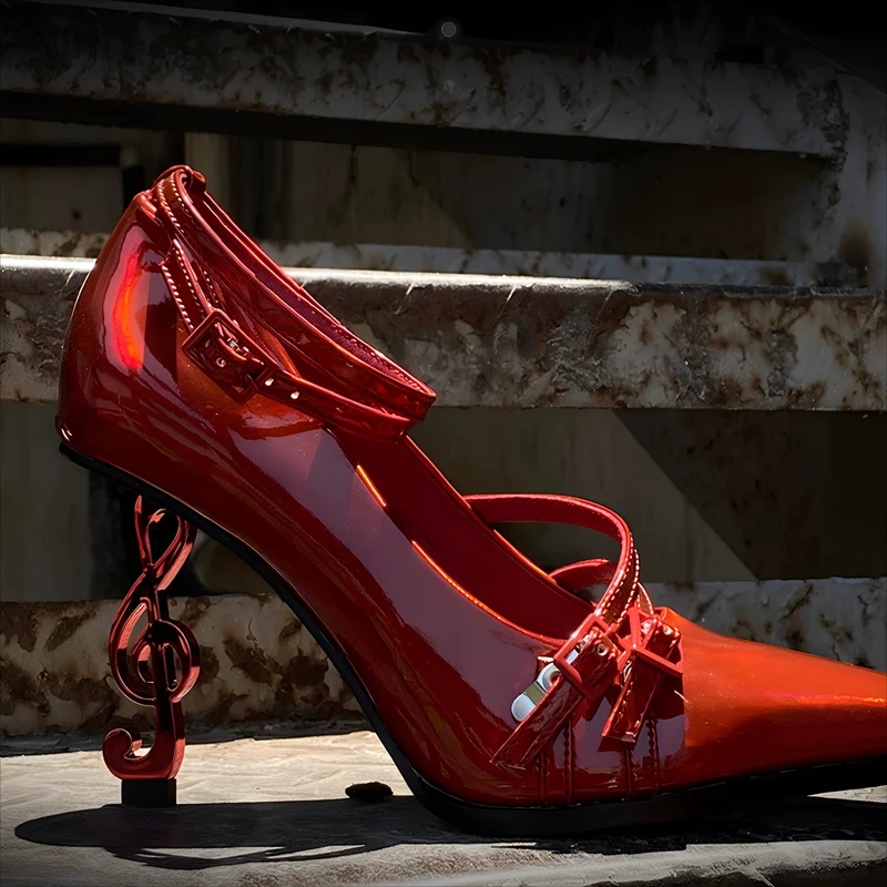 Gothic-Stilettos für Damen mit Knöchelriemen, mehreren Schnallen und Violinschlüsselabsatz