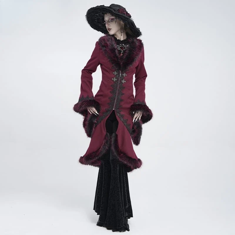 Gothic-Mantel für Damen mit Spitzenapplikationen, Kunstpelzbesatz und ausgestellten Ärmeln