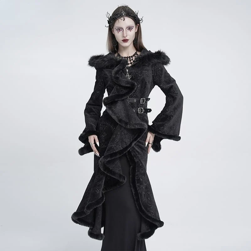 Gothic-Damenmantel mit asymmetrischem Schnallenriemen, Kapuze und Jacquardmuster