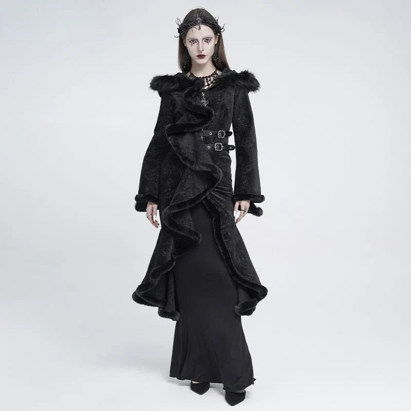 Gothic-Damenmantel mit asymmetrischem Schnallenriemen, Kapuze und Jacquardmuster