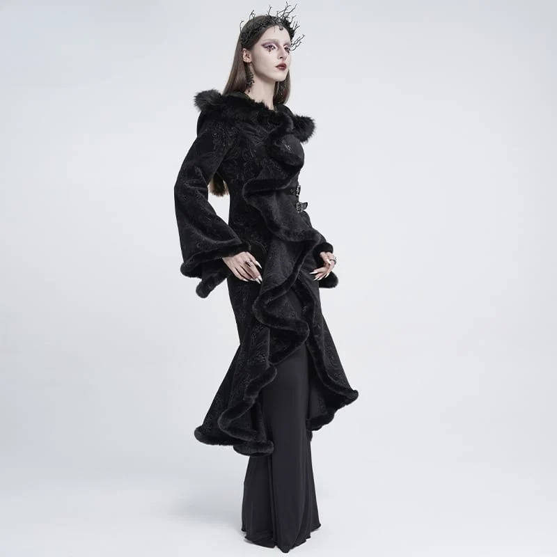 Gothic-Damenmantel mit asymmetrischem Schnallenriemen, Kapuze und Jacquardmuster