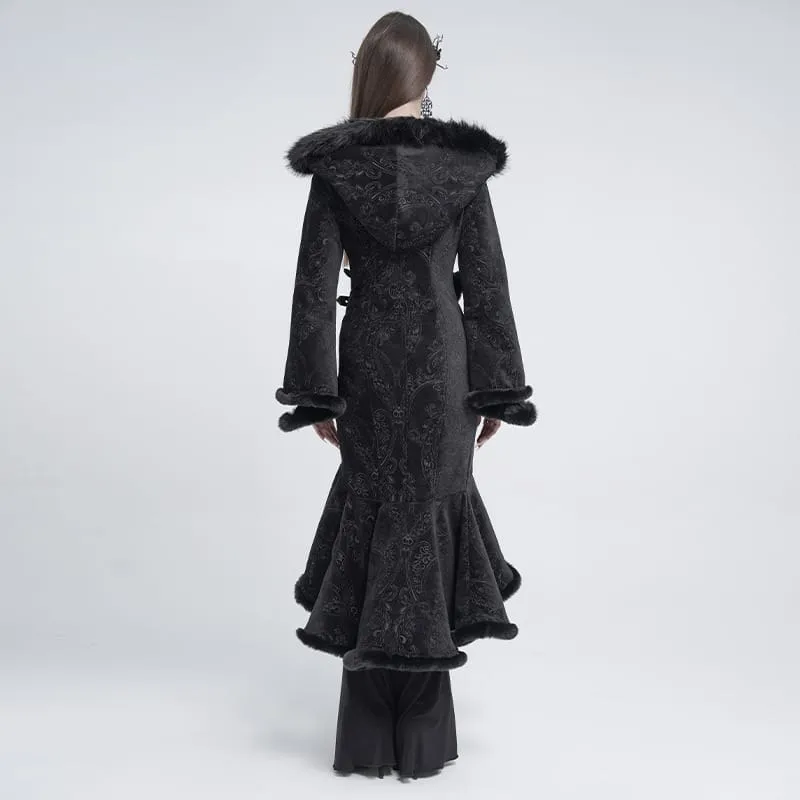 Gothic-Damenmantel mit asymmetrischem Schnallenriemen, Kapuze und Jacquardmuster