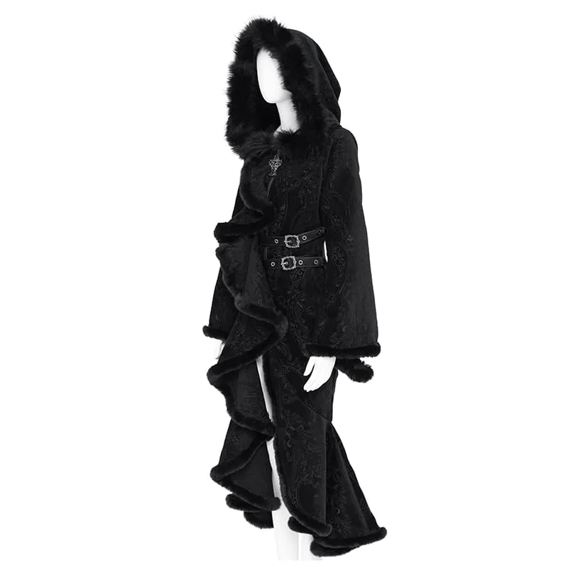 Gothic-Damenmantel mit asymmetrischem Schnallenriemen, Kapuze und Jacquardmuster