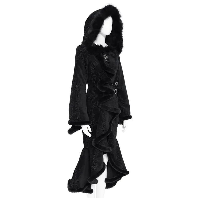 Gothic-Damenmantel mit asymmetrischem Schnallenriemen, Kapuze und Jacquardmuster