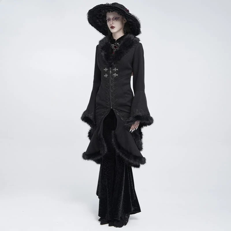 Gothic-Mantel für Damen mit Spitzenapplikationen, Kunstpelzbesatz und Frontreißverschluss