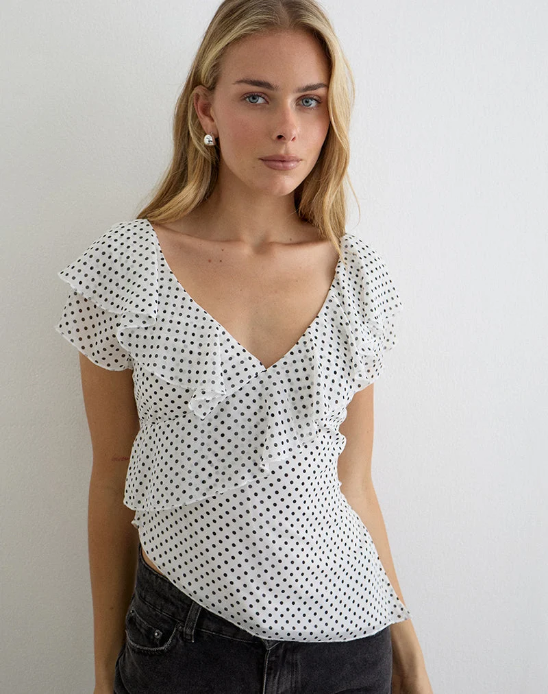 Iskar-Oberteil mit Rüschen aus weißem Chiffon mit Polka-Print