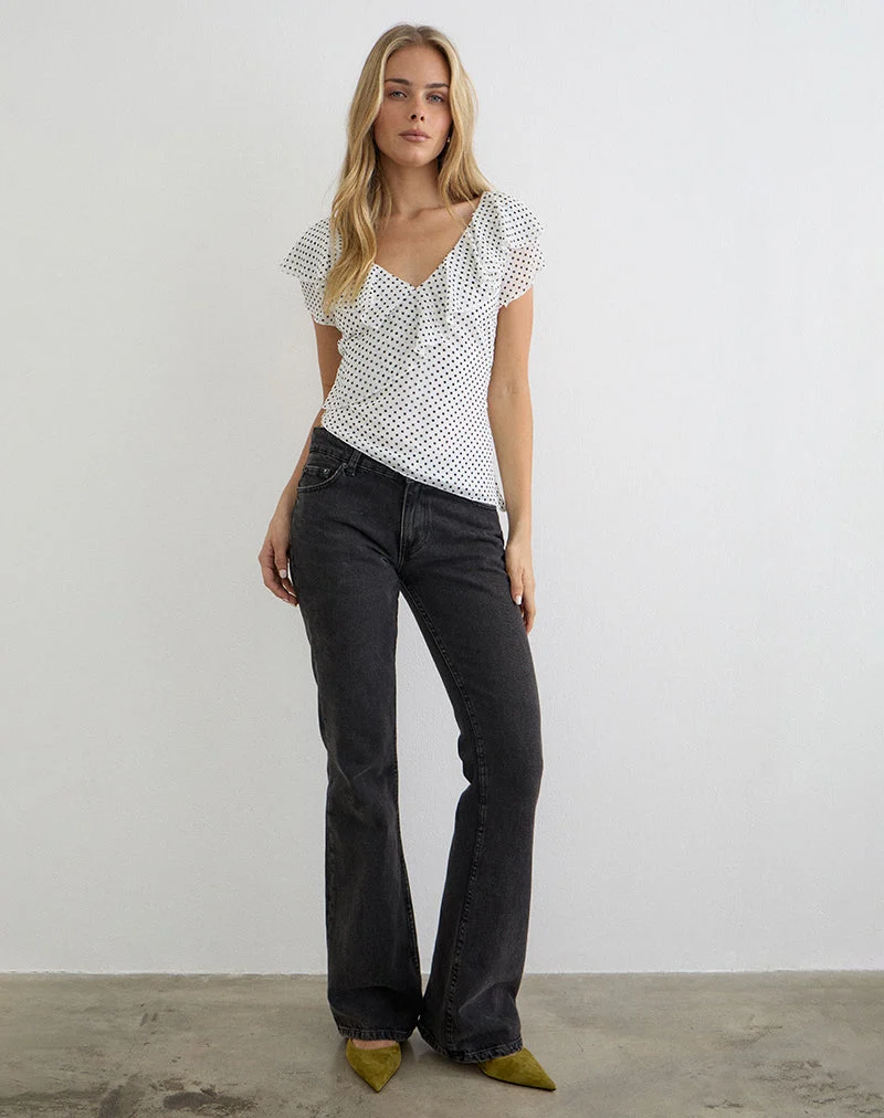 Iskar-Oberteil mit Rüschen aus weißem Chiffon mit Polka-Print