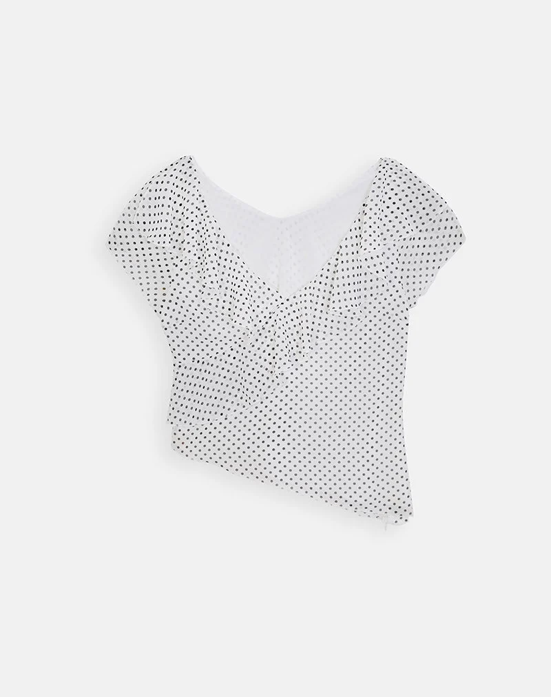Iskar-Oberteil mit Rüschen aus weißem Chiffon mit Polka-Print