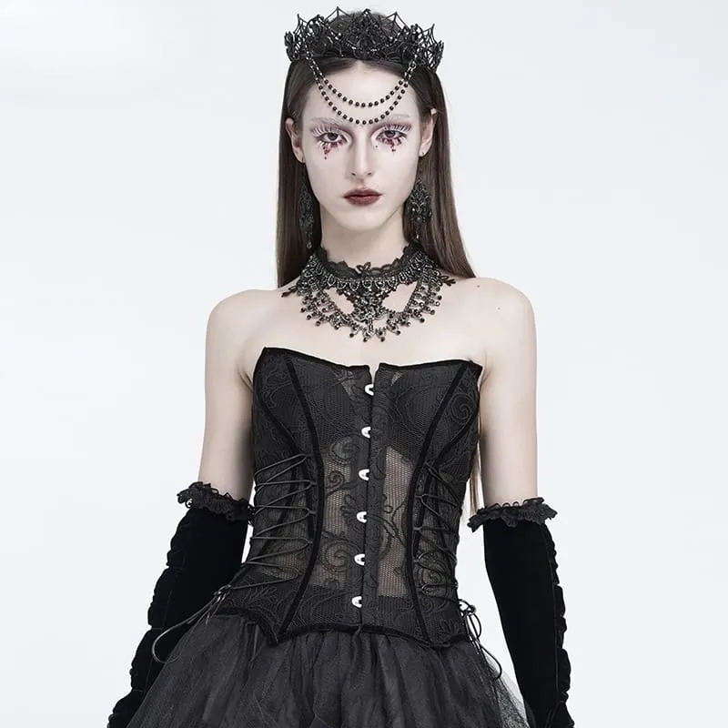 Gothic-Korsett für Damen mit Mesh-Einsatz vorne, Busk-Verschluss und überkreuzter Schnürung über der Brust