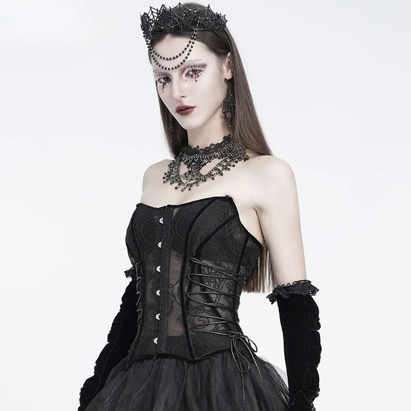 Gothic-Korsett für Damen mit Mesh-Einsatz vorne, Busk-Verschluss und überkreuzter Schnürung über der Brust
