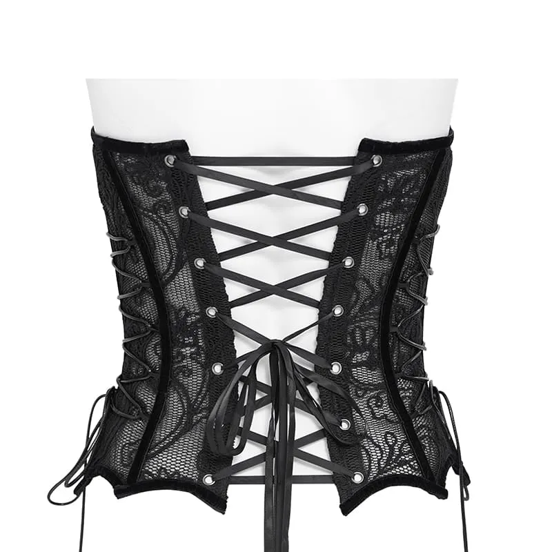 Gothic-Korsett für Damen mit Mesh-Einsatz vorne, Busk-Verschluss und überkreuzter Schnürung über der Brust