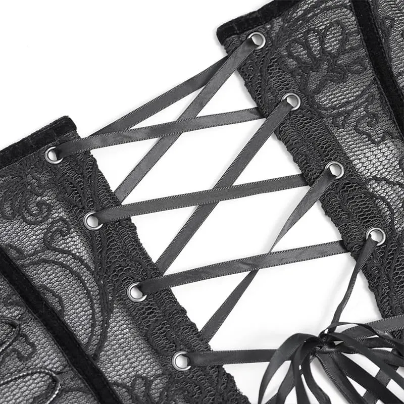Gothic-Korsett für Damen mit Mesh-Einsatz vorne, Busk-Verschluss und überkreuzter Schnürung über der Brust