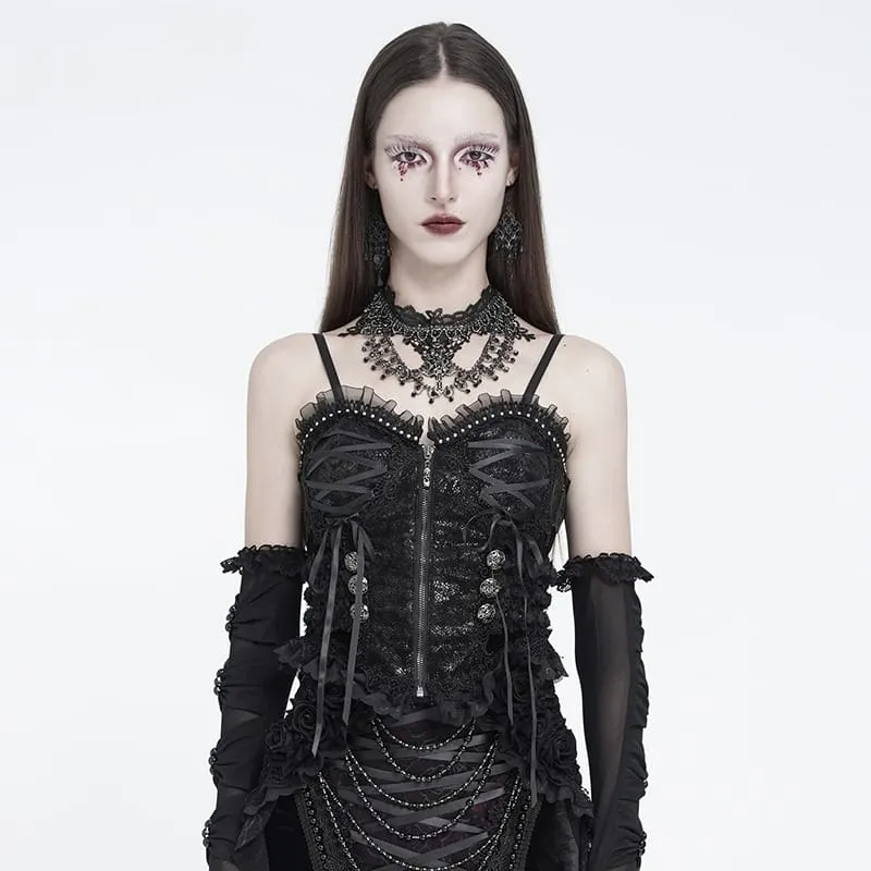 Gothic-Korsett für Damen mit Rüschen, Schnürung, Reißverschluss vorne und Überbrustbereich