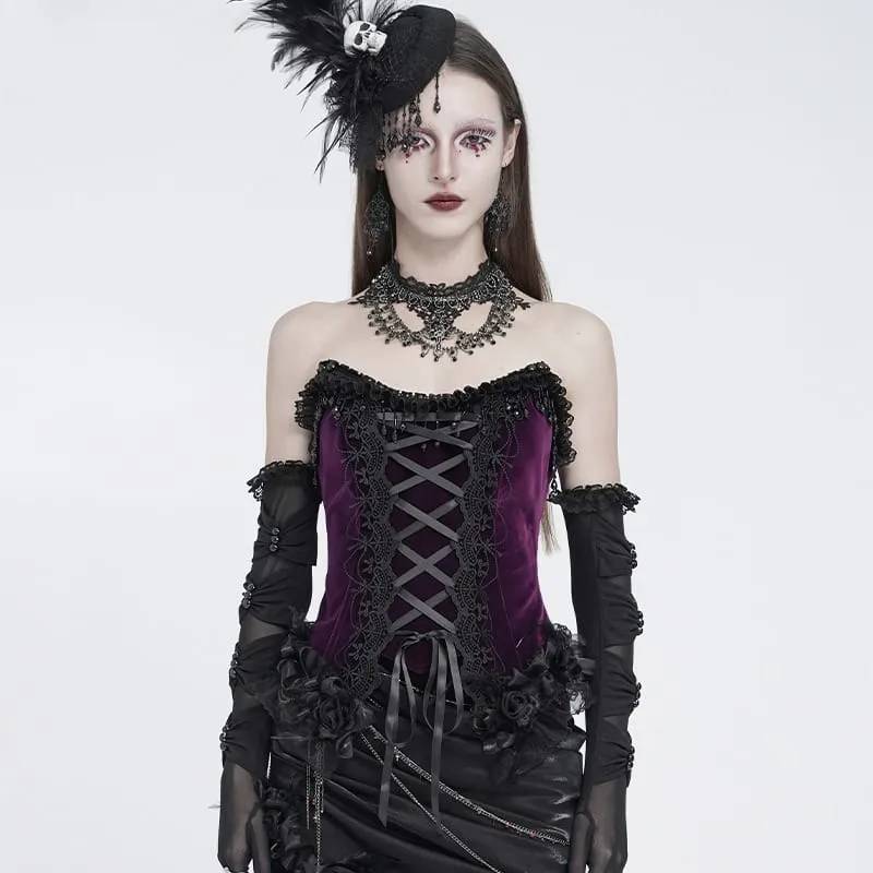 Gothic-Korsett für Damen mit Rosenmuster, Perlen, Quasten, Spitzenbesatz und Schnürung, schwarz-lila