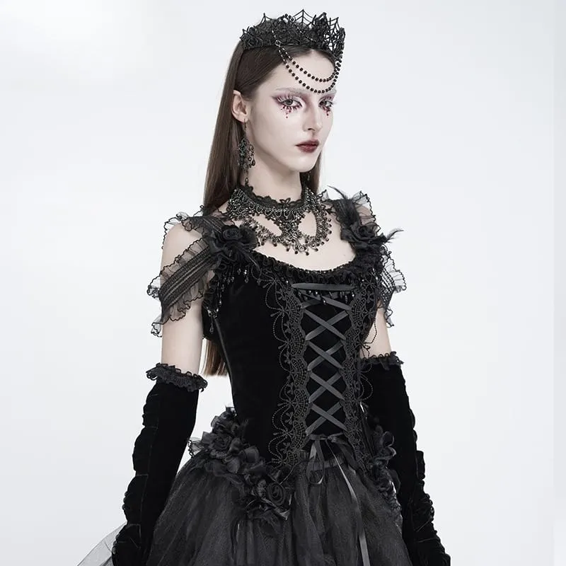 Schwarzes Gothic-Korsett für Damen mit Rosenmuster, Perlen, Quasten, Spitzenbesatz und Schnürung über der Brust