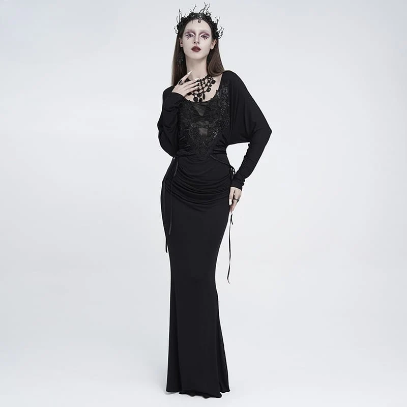 Gothic-Maxikleid für Damen mit Spitzenapplikationen, Schnürung, Drapierung und langen Ärmeln