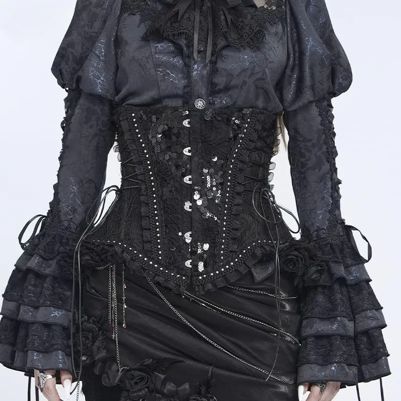 Gothic-Korsett für Damen mit Rosenrüschen vorne, Schnürung und Unterbrustverschluss