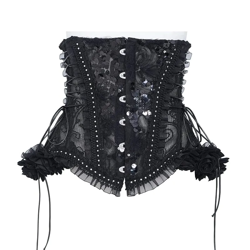 Gothic-Korsett für Damen mit Rosenrüschen vorne, Schnürung und Unterbrustverschluss