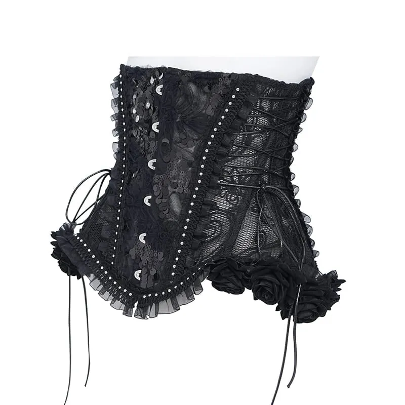 Gothic-Korsett für Damen mit Rosenrüschen vorne, Schnürung und Unterbrustverschluss