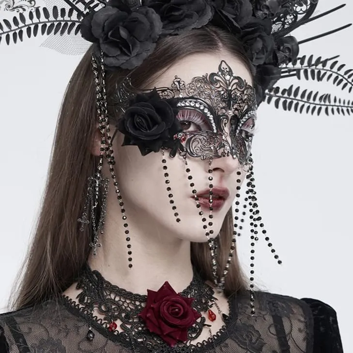 Schwarze Gothic-Maske für Damen mit Rosenmuster, Perlenbesatz und Fransen.
