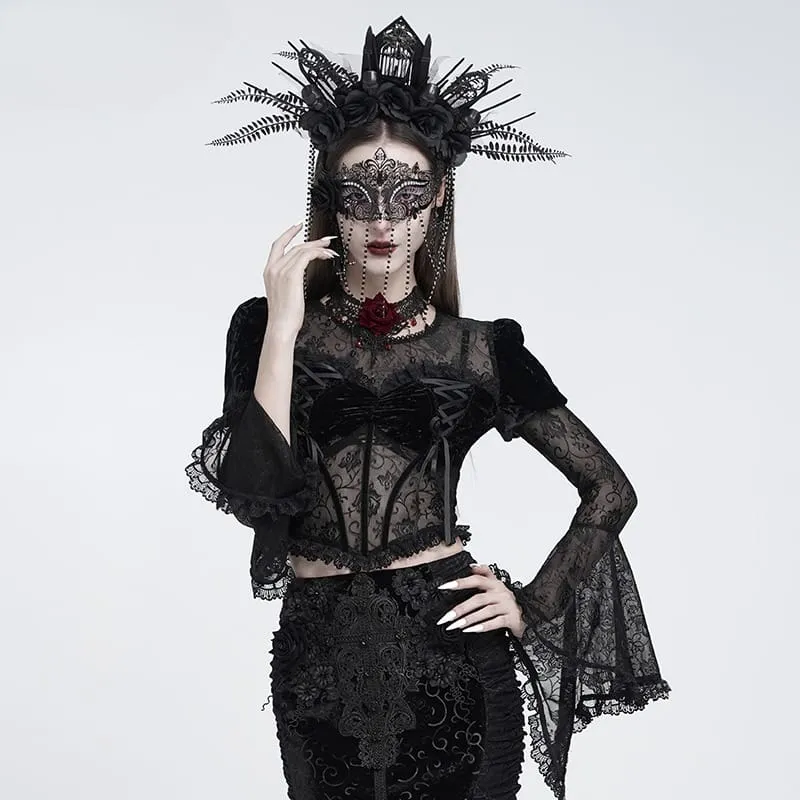 Schwarze Gothic-Maske für Damen mit Rosenmuster, Perlenbesatz und Fransen.