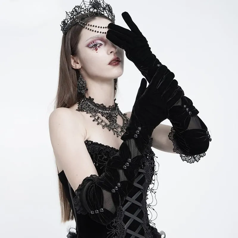 Lange Gothic-Handschuhe für Damen mit gerafftem Mesh-Einsatz und Samt
