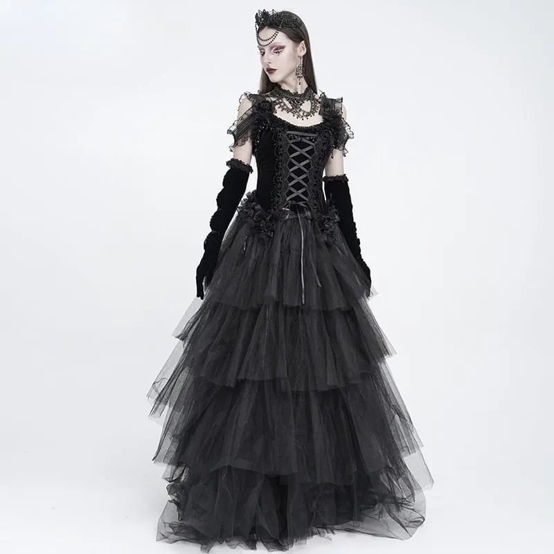 Lange Gothic-Handschuhe für Damen mit gerafftem Mesh-Einsatz und Samt