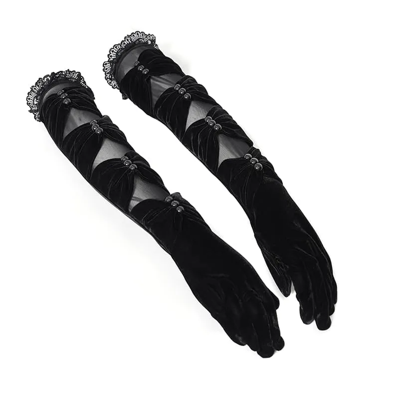 Lange Gothic-Handschuhe für Damen mit gerafftem Mesh-Einsatz und Samt