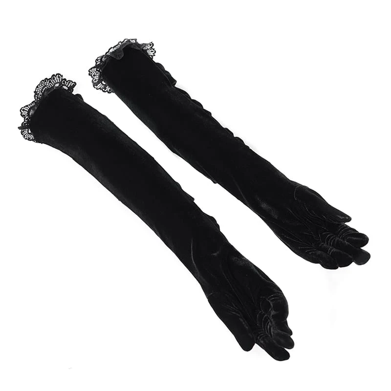 Lange Gothic-Handschuhe für Damen mit gerafftem Mesh-Einsatz und Samt