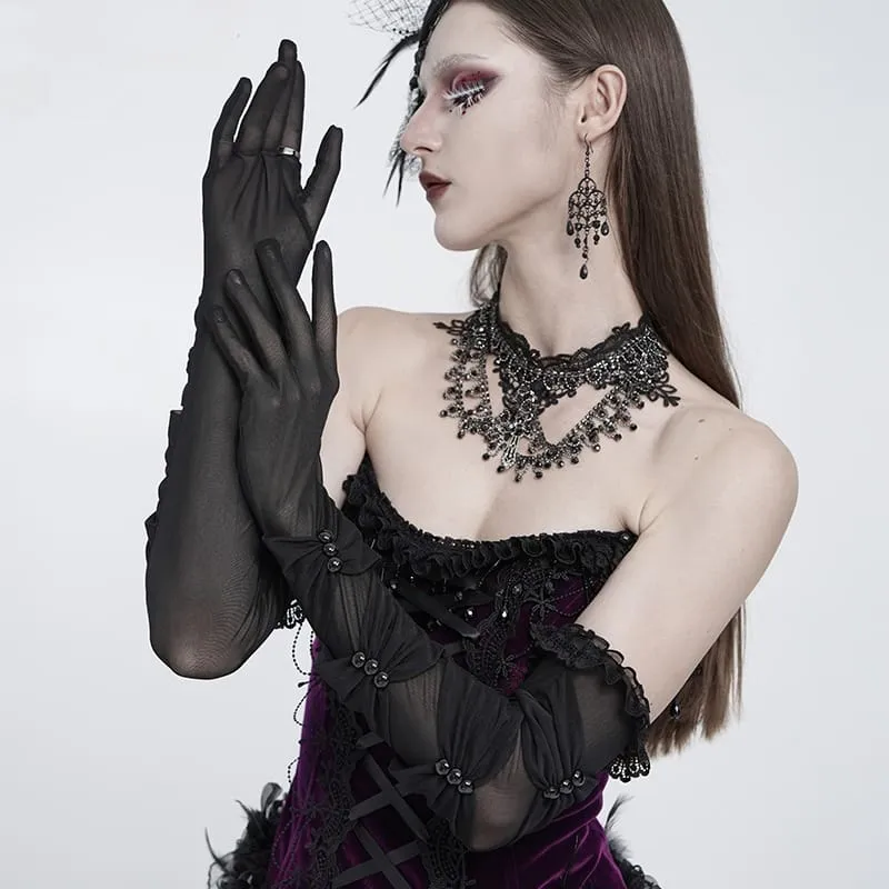 Lange Gothic-Handschuhe für Damen mit gerafftem Mesh-Einsatz