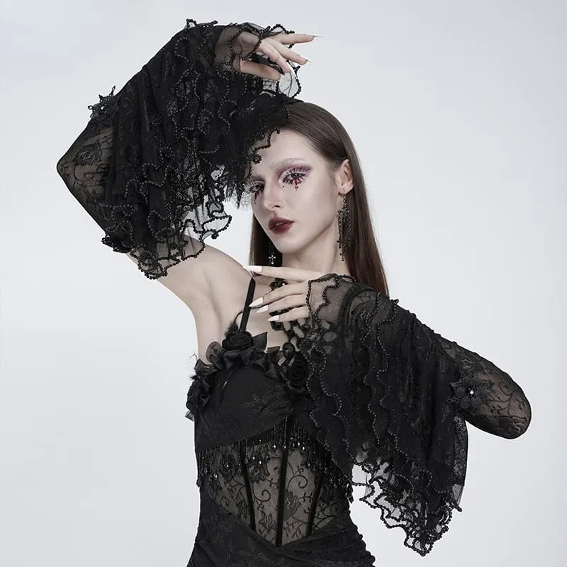 Gothic-Ärmel für Damen mit mehreren Lagen, Perlenbesatz, Rüschen und Rosenmuster aus Mesh
