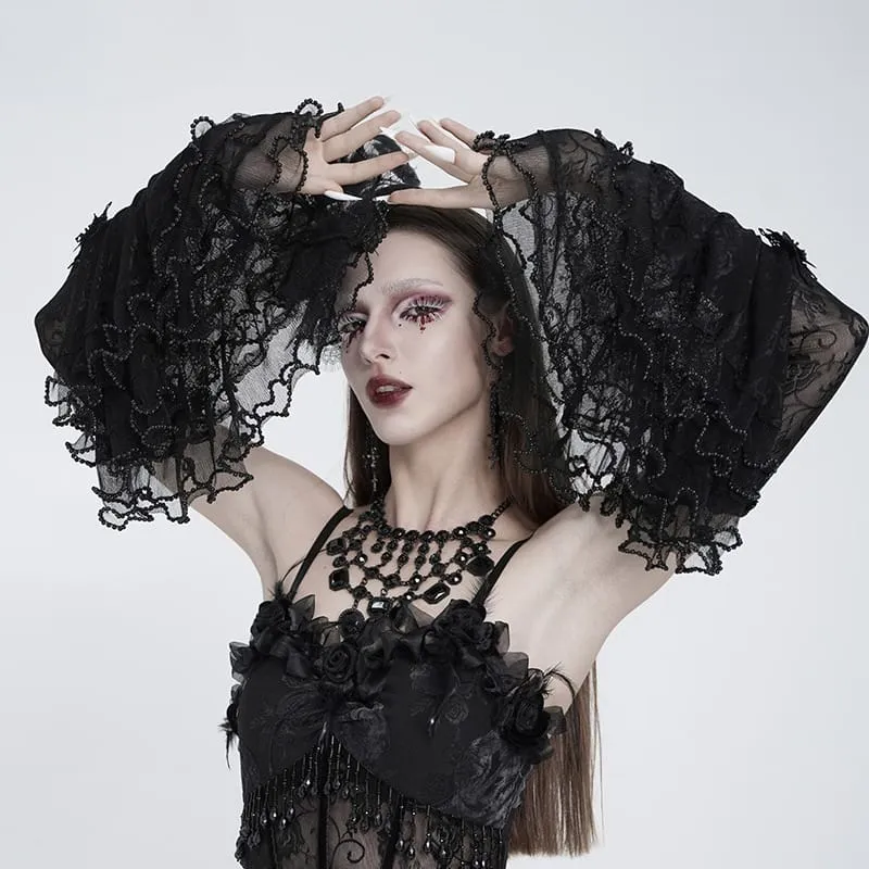 Gothic-Ärmel für Damen mit mehreren Lagen, Perlenbesatz, Rüschen und Rosenmuster aus Mesh
