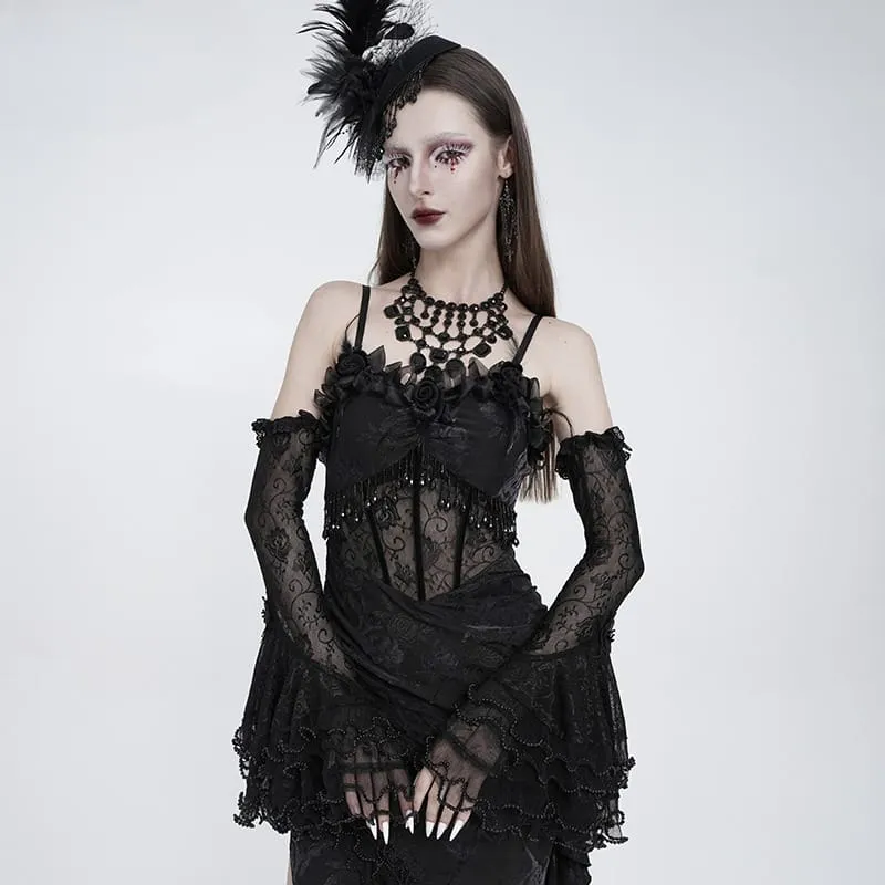 Gothic-Ärmel für Damen mit mehreren Lagen, Perlenbesatz, Rüschen und Rosenmuster aus Mesh