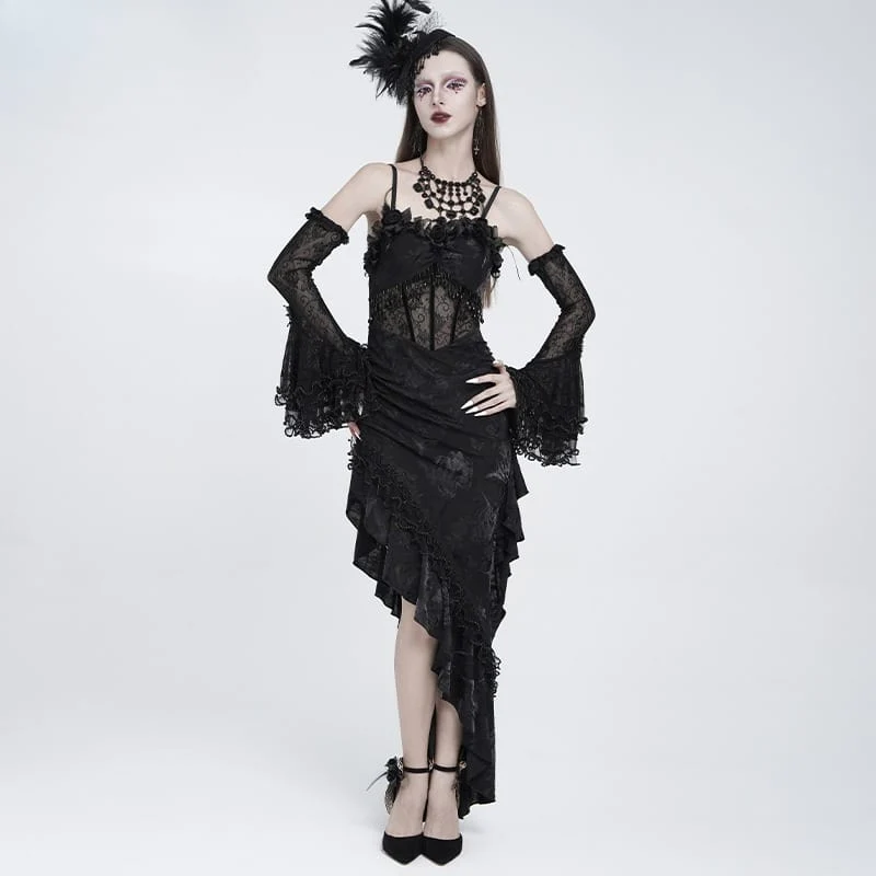 Gothic-Ärmel für Damen mit mehreren Lagen, Perlenbesatz, Rüschen und Rosenmuster aus Mesh