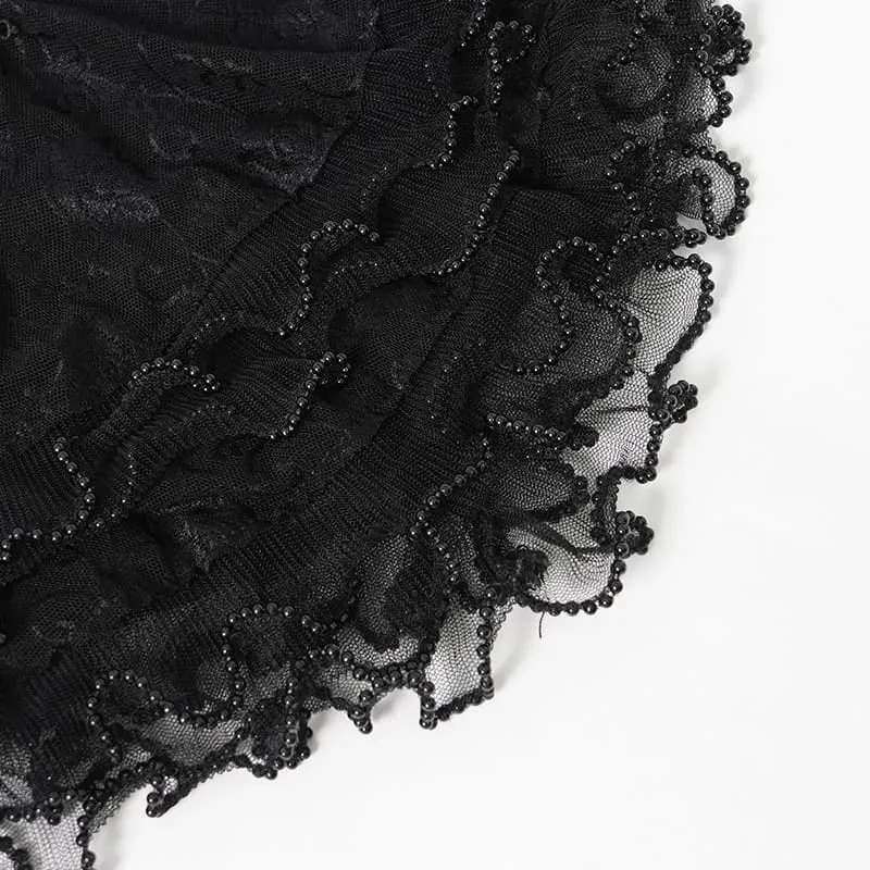 Gothic-Ärmel für Damen mit mehreren Lagen, Perlenbesatz, Rüschen und Rosenmuster aus Mesh