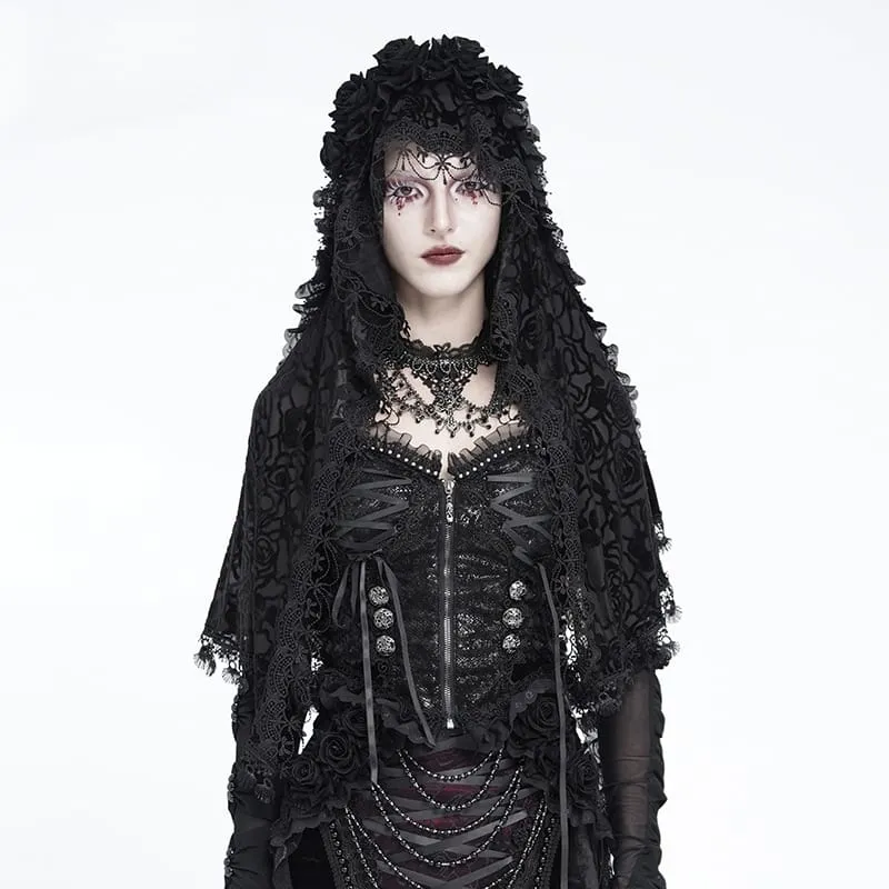 Gothic-Cape für Damen mit Rosenmuster, Rüschenspitze, Quasten und Kapuze