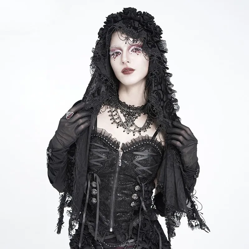 Gothic-Cape für Damen mit Rosenmuster, Rüschenspitze, Quasten und Kapuze