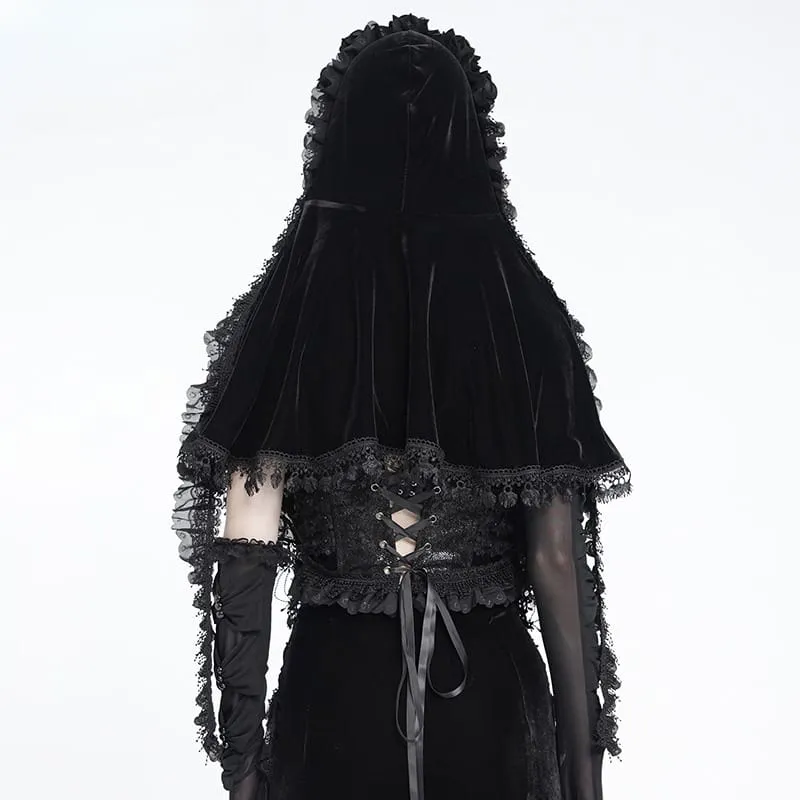 Gothic-Cape für Damen mit Rosenmuster, Rüschenspitze, Quasten und Kapuze