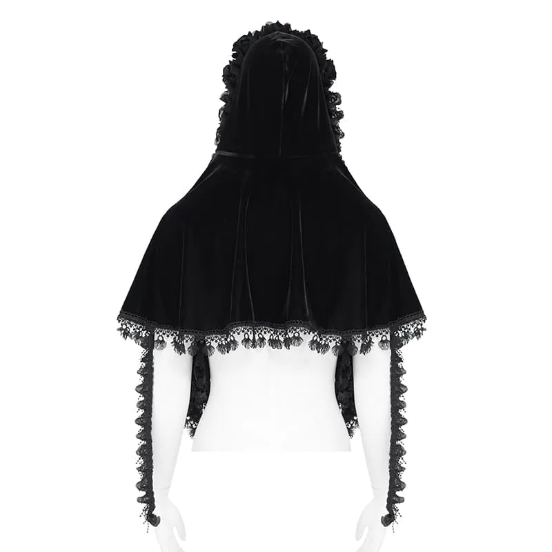 Gothic-Cape für Damen mit Rosenmuster, Rüschenspitze, Quasten und Kapuze