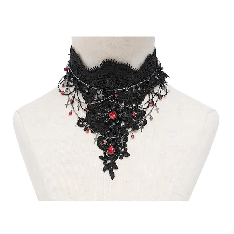 Gothic-Choker für Damen mit Kreuzkette, Perlen und Spitze